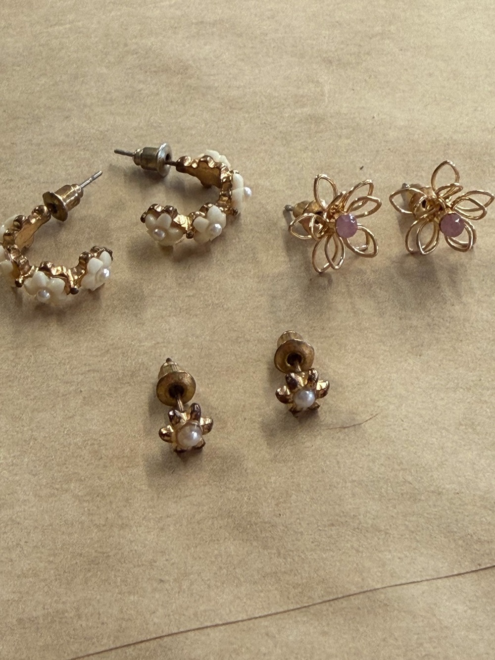 Gold Floral Pearl Stud and Hoop Earring Set - 3 Pairs